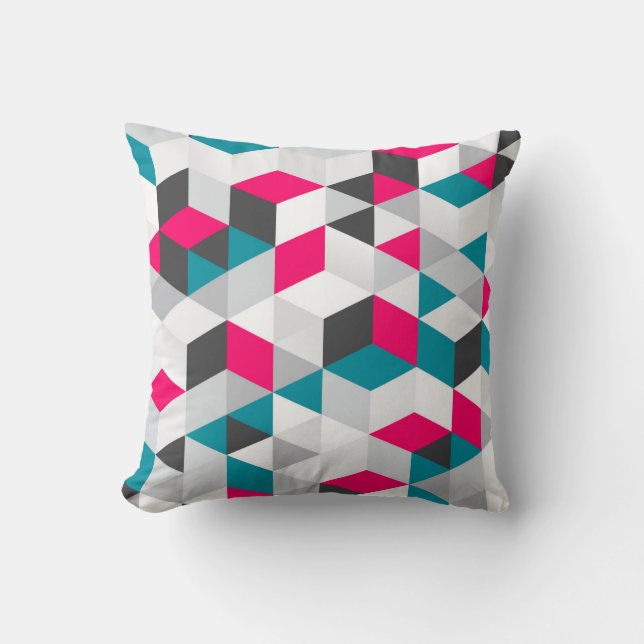 Hot Pink and Teal Geometric Pattern Cushion (Front)
