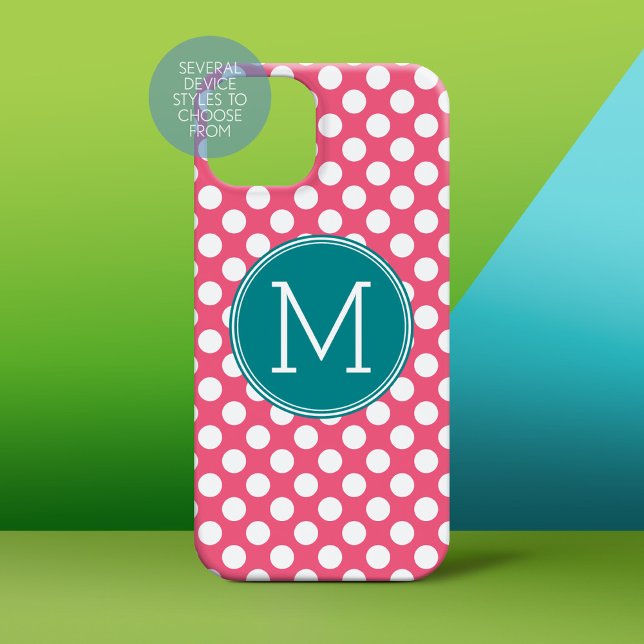 Hot Pink and Teal Polka Dots with Custom Monogram Case-Mate iPhone Case (Personalized Phone Case)