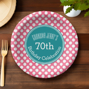Hot Pink and Teal Polka Dots with Custom Monogram Paper Plate