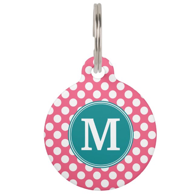 Hot Pink and Teal Polka Dots with Custom Monogram Pet Tag (Front)