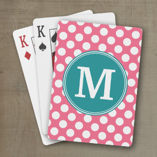 Hot Pink and Teal Polka Dots with Custom Monogram Playing Cards