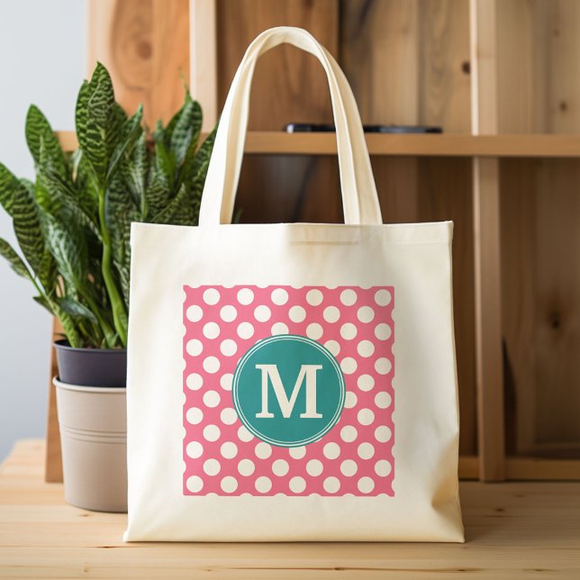 Hot Pink and Teal Polka Dots with Custom Monogram Tote Bag (Custom Canvas Tote Bag)