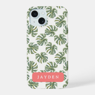 Hot Pink and Tropical Palm Leaf Custom Name iPhone 15 Case