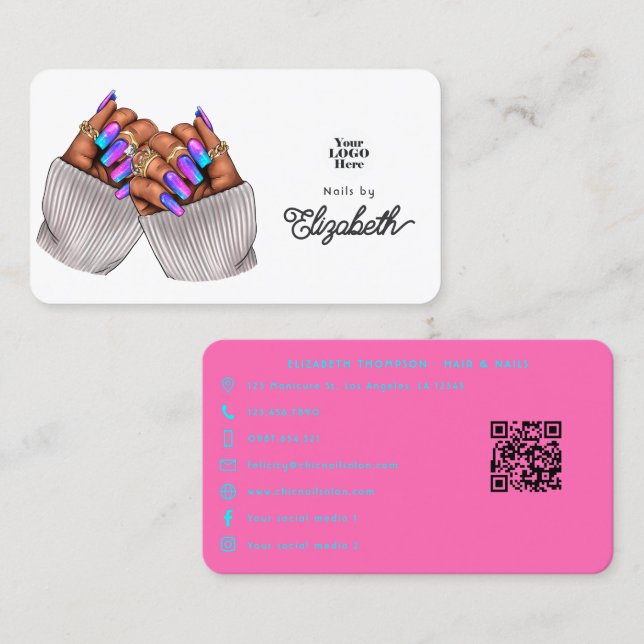 Hot-Pink and Turquoise African American Nail Salon Business Card (Front/Back)
