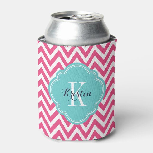Hot Pink and Turquoise Chevron Monogram Can Cooler (Can Front)