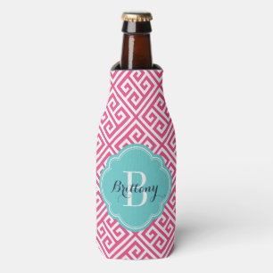 Hot Pink and Turquoise Greek Key Monogram Bottle Cooler