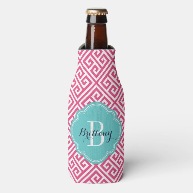 Hot Pink and Turquoise Greek Key Monogram Bottle Cooler (Bottle Front)