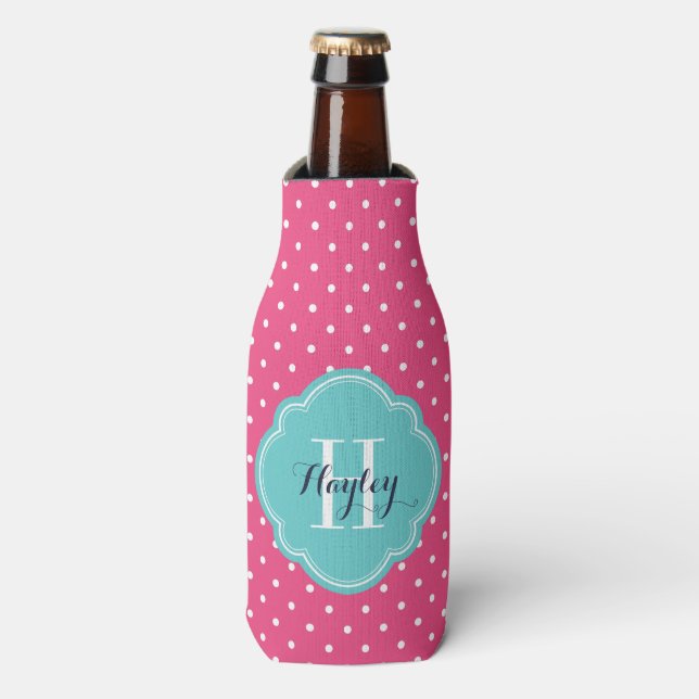Hot Pink and Turquoise Polka Dots Monogram Bottle Cooler (Bottle Front)