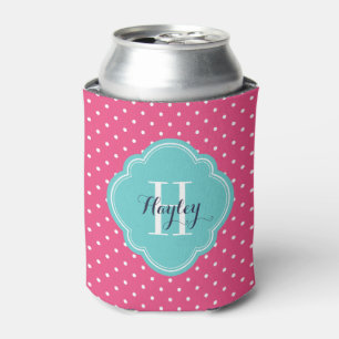 Hot Pink and Turquoise Polka Dots Monogram Can Cooler