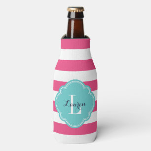 Hot Pink and Turquoise Preppy Stripes Monogram Bottle Cooler