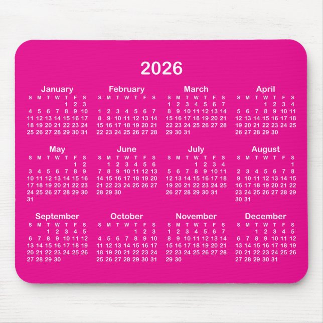 Hot Pink and White 2026 Calendar Mouse Mat (Front)
