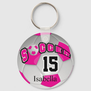 Hot Pink and White Autograph Soccer Ball Key Ring