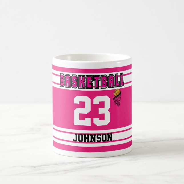 Hot Pink and White Basketball Sport Jersey Coffee Mug (Center)