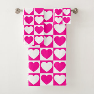 Hot Pink and White Chequered Pattern With Hearts Bath Towel Set