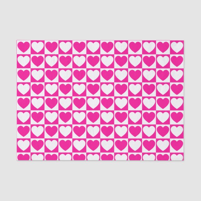 Hot Pink and White Chequered Pattern With Hearts Tissue Paper (Front)