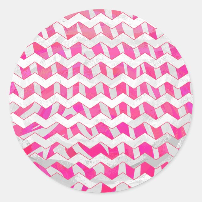 Hot Pink and White Chevron Zebra Classic Round Sticker (Front)