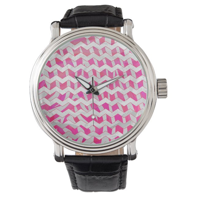 Hot Pink and White Chevron Zebra Watch (Front)