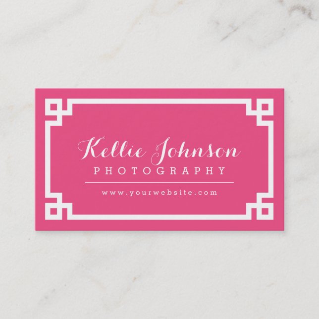 Hot Pink and White Chic Greek Key Border Business Card (Front)