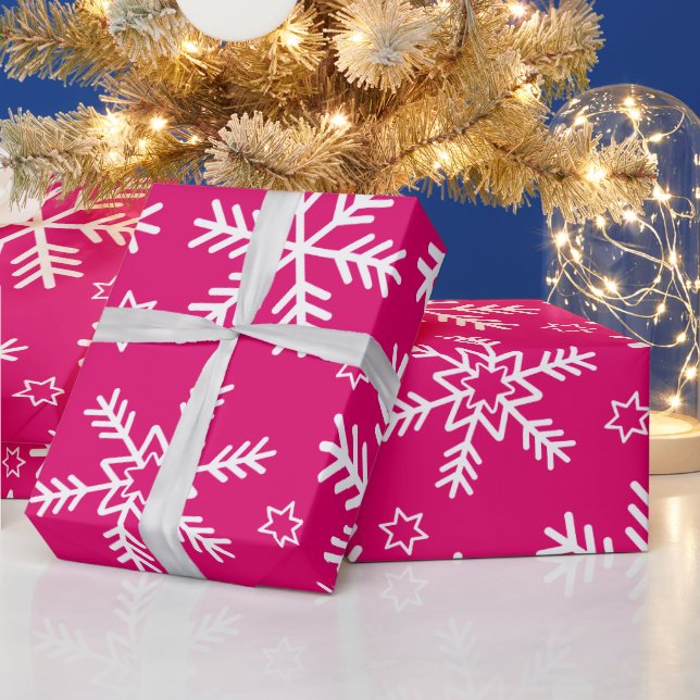Hot Pink and White Christmas Snowflakes Wrapping Paper (Holidays)