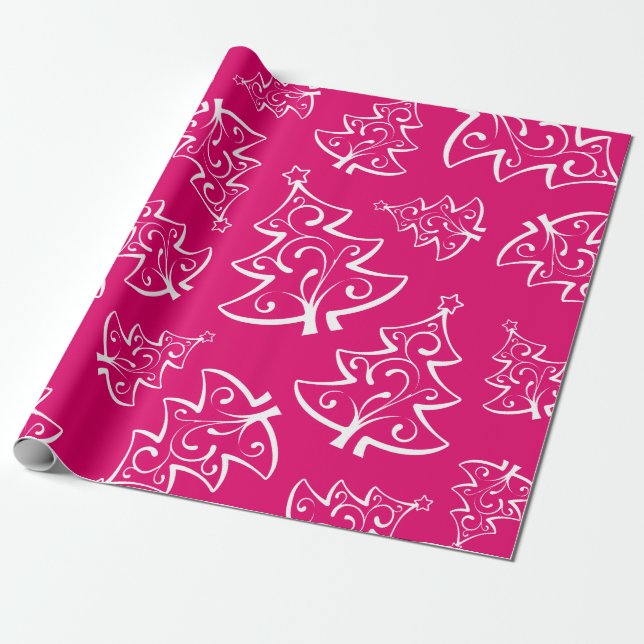 Hot Pink and White Christmas Trees Pattern Wrapping Paper (Unrolled)
