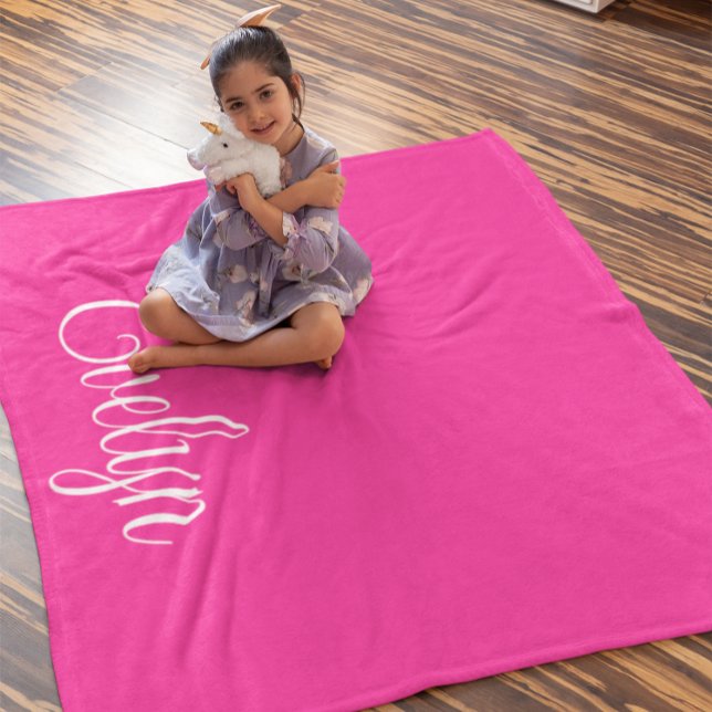 Hot Pink and White Curly Calligraphy Name Fleece Blanket (Personalized Pink Blanket)
