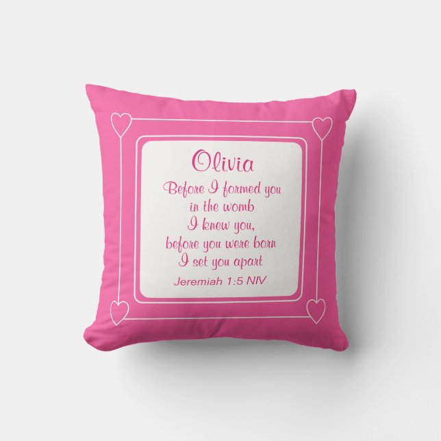 Hot Pink and White Custom Name Bible Verse Striped Cushion (Front)