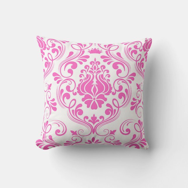 Hot Pink and White Damask Floral Pattern Elegant  Cushion (Front)