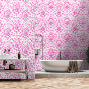 Hot Pink and White Damask Floral peel and stick Wallpaper
