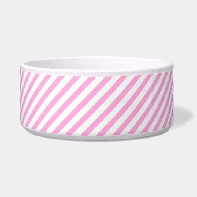 Hot Pink and White Diagonal Stripes Pet Bowl (Left)