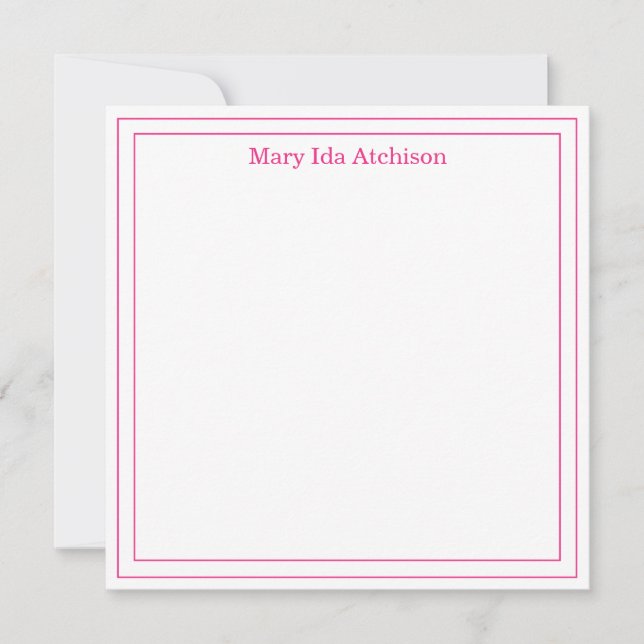 Hot Pink and White Double Border Square Flat Note Thank You Card (Front)