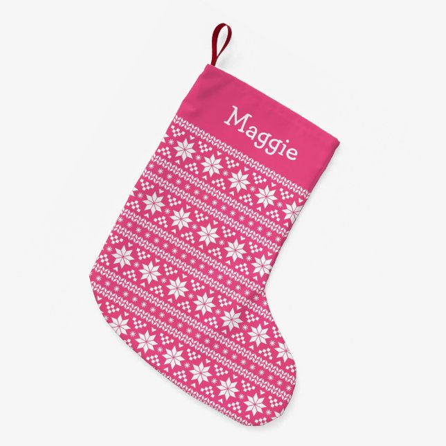 Hot Pink and White Fair Isle Monogram Small Christmas Stocking (Front (Hanging))