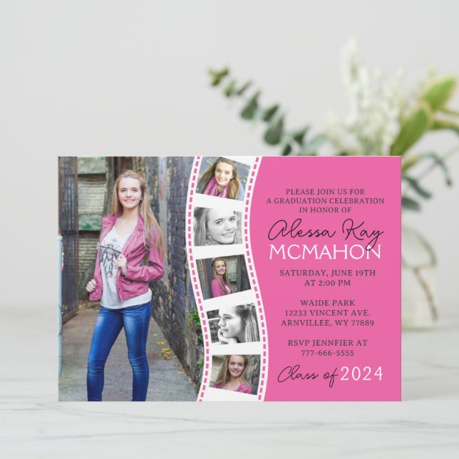 Hot Pink and White Filmstrip 6 Photo Graduation Invitation (Standing Front)