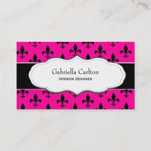 Hot Pink and White Fleur de Lis business cards (Front)