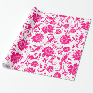 Hot Pink And White Floral Damasks Wrapping Paper