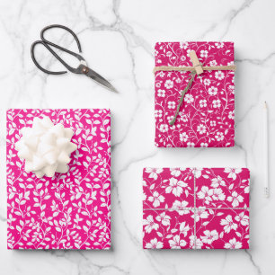 Hot Pink and White Floral Pattern Wrapping Paper Sheet