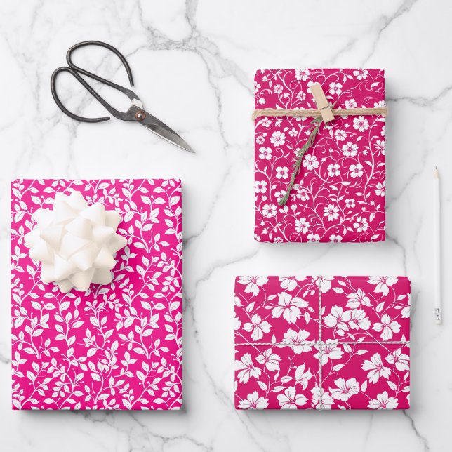 Hot Pink and White Floral Pattern Wrapping Paper Sheet (Front)