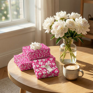 Hot Pink and White Floral Pattern Wrapping Paper Sheet