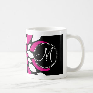 Hot Pink and White Flower Petals Art on Black Coffee Mug