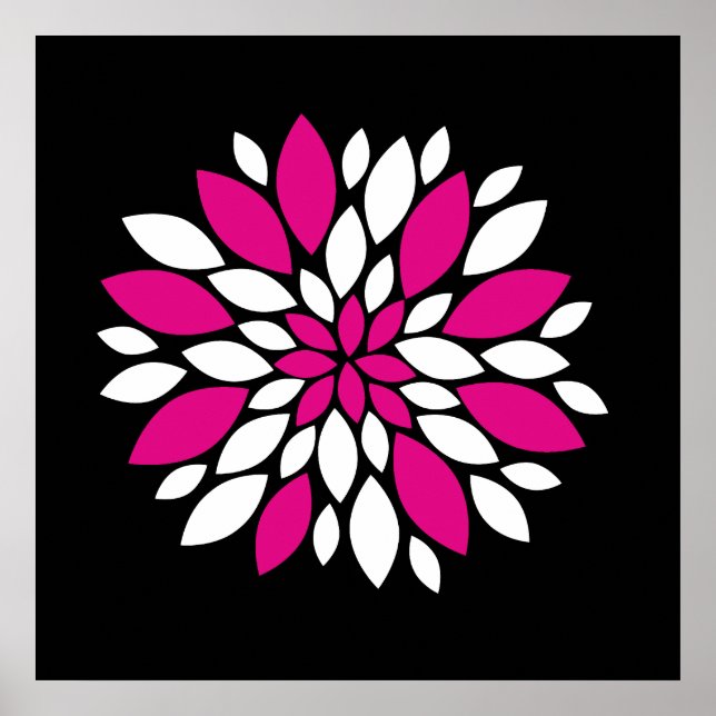 Hot Pink and White Flower Petals Art on Black Poster (Front)