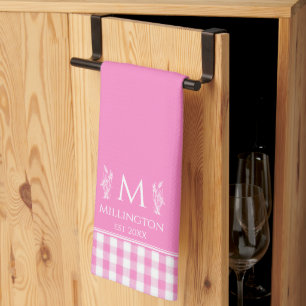 Hot Pink and White Gingham Custom Name Monogram Tea Towel