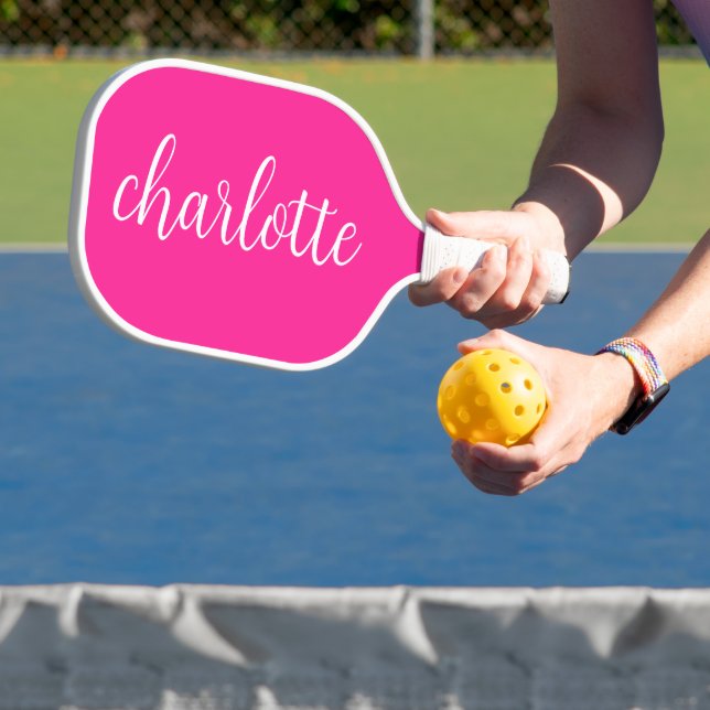 Hot Pink and White Girly Calligraphy Script Pickleball Paddle (Insitu)