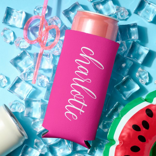 Hot Pink and White Girly Calligraphy Script Seltzer Can Cooler (In Situ Summer)