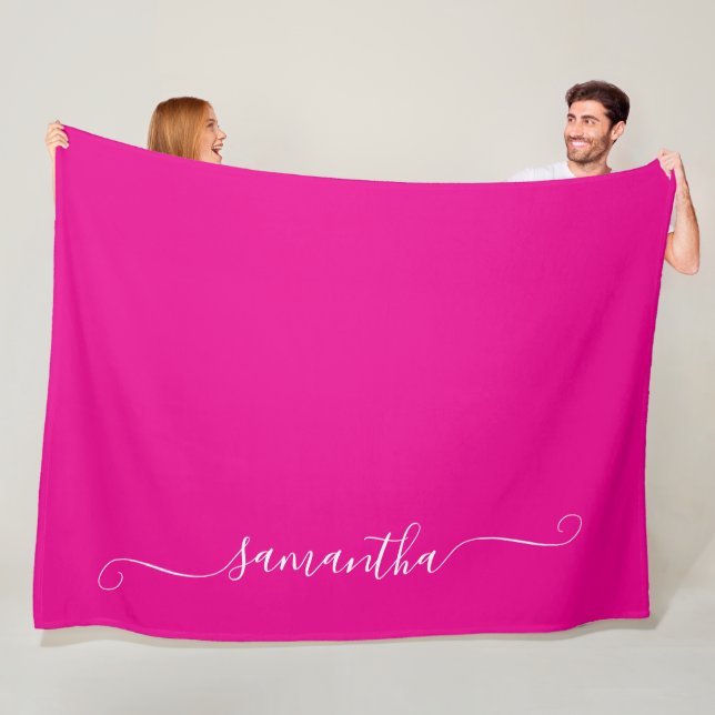 Hot Pink and White Girly Swash Signature Name Fleece Blanket (In Situ)