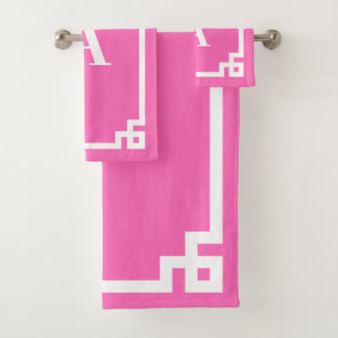 Hot Pink and White Greek Key Border Monogram Bath Towel Set