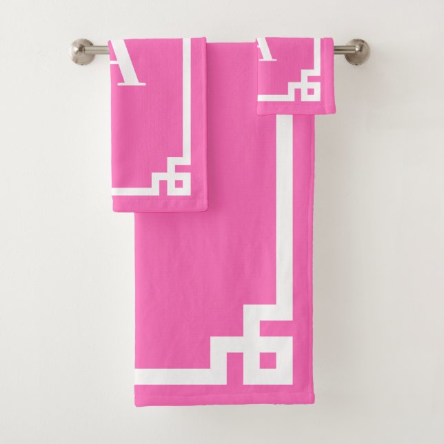 Hot Pink and White Greek Key Border Monogram Bath Towel Set (Insitu)