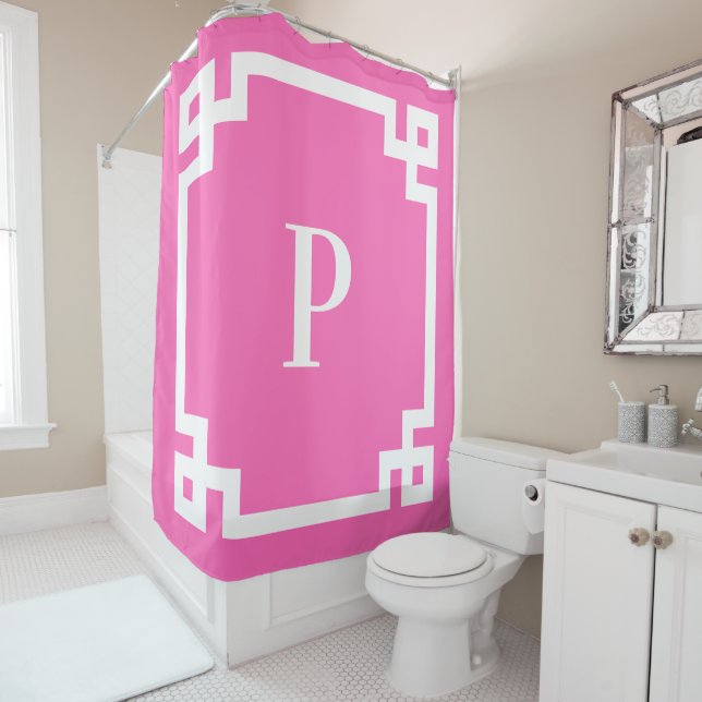 Hot Pink and White Greek Key Border Monogram Shower Curtain (In Situ)
