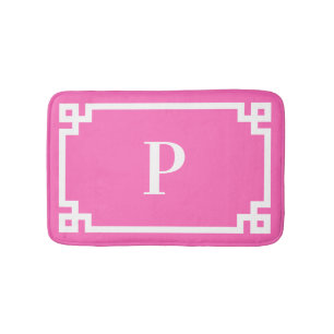 Hot Pink and White Greek Key Frame Monogram Bath Mat