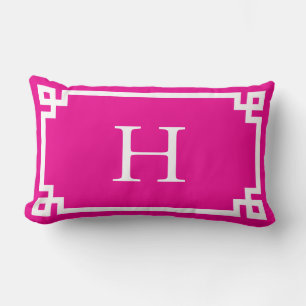 Hot Pink and White Greek Key Monogram Lumbar Cushion