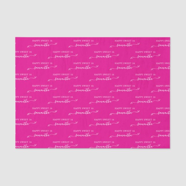 Hot Pink and White Happy Sweet 16 Cute Bow Name Tissue Paper (Front)