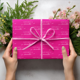 Hot Pink and White Happy Sweet 16 Cute Bow Name Wrapping Paper Sheet